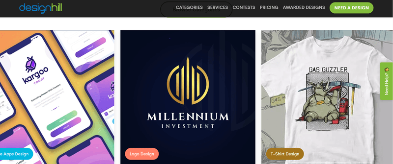 Imagen del sitio web de Designhill con imágenes de un teléfono, logotipo y una camiseta.