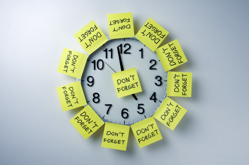 Wall clock with 'don't forget' notes all over