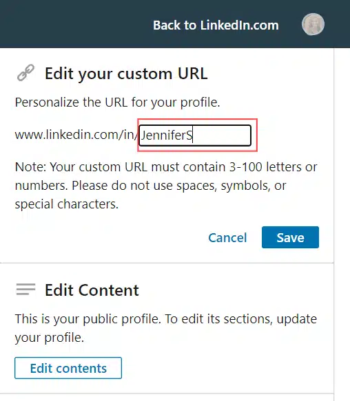 Opción de URL de perfil de LinkedIn