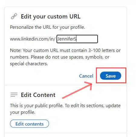 LinkedIn edit url page