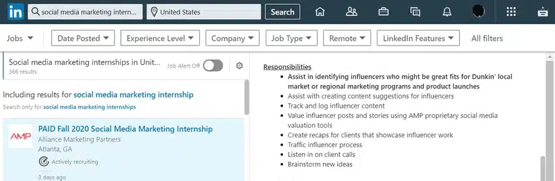 Marketing Internship post on Linkedin