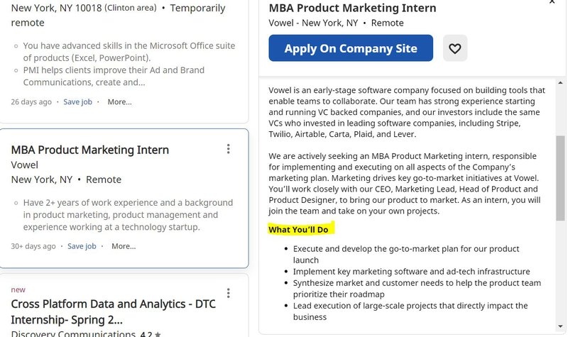 Product marketing internship example on Indeed