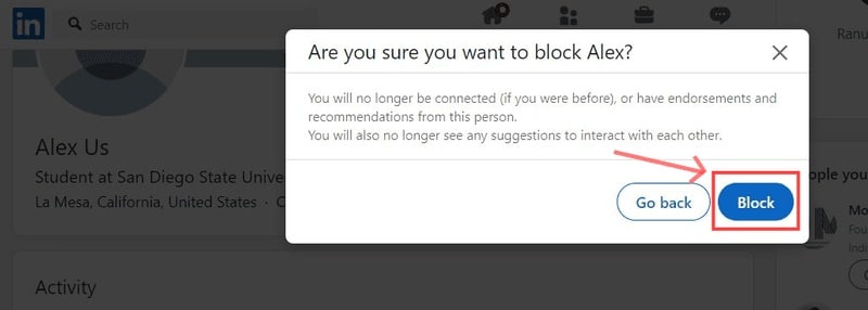 Última etapa de como bloquear alguém no LinkedIn