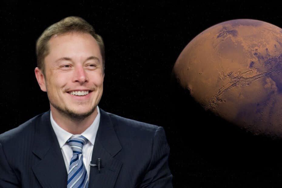 Elon Musk com a imagem de um planeta ao fundo