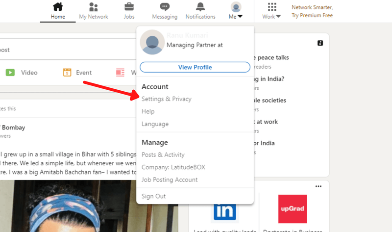 Settings & Privacy options in LinkedIn