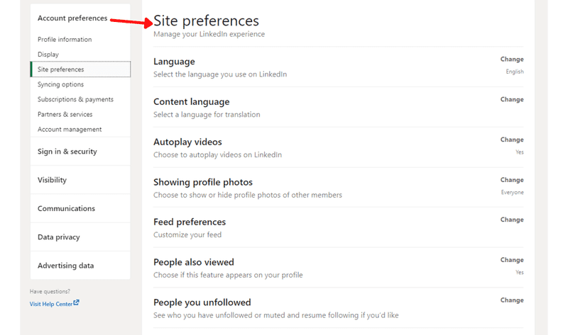 Account preferences section in LinkedIn.