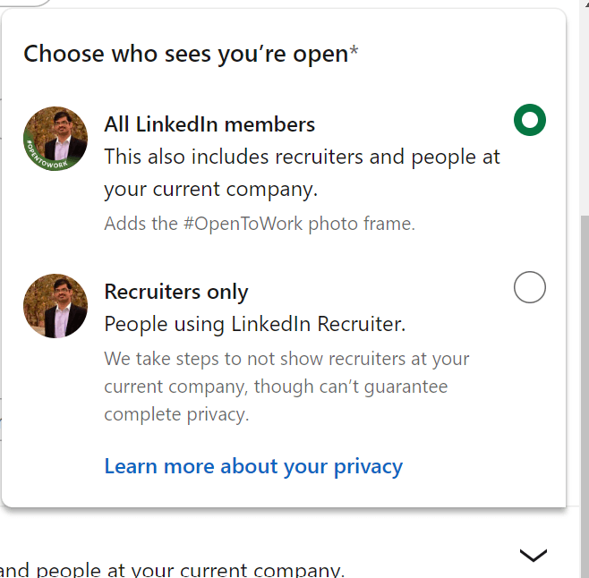Aberto às configurações de trabalho no LinkedIn