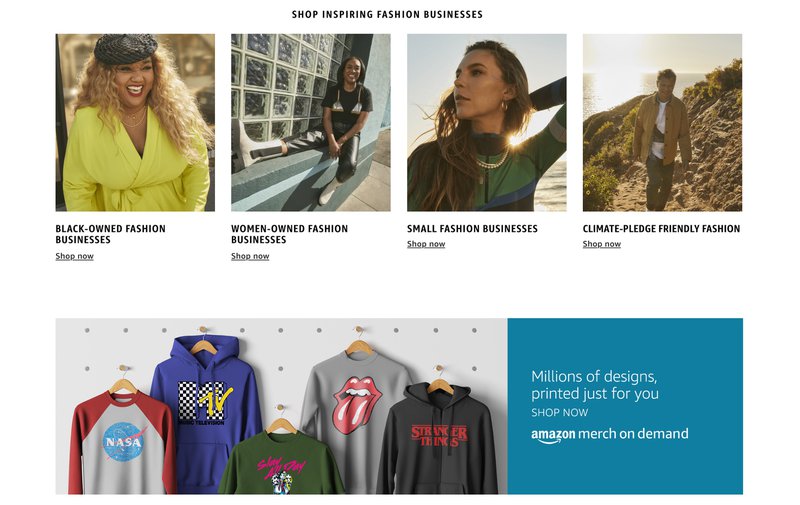 Seção do site de moda da Amazon
