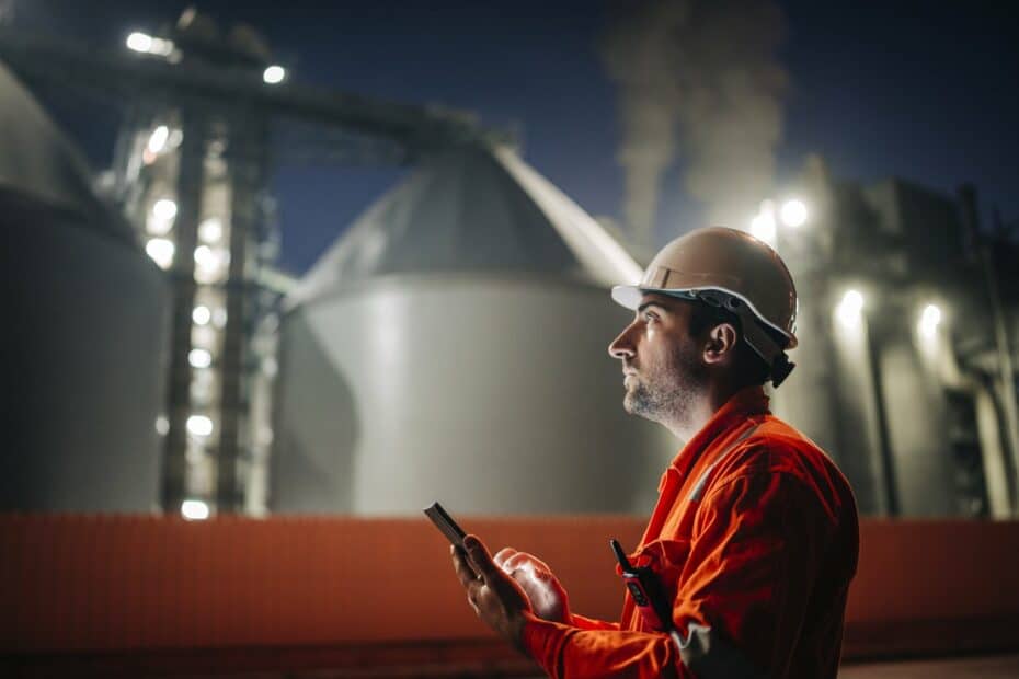 Engineer at an oil and gas facility as an example of a worker in the energy sector.